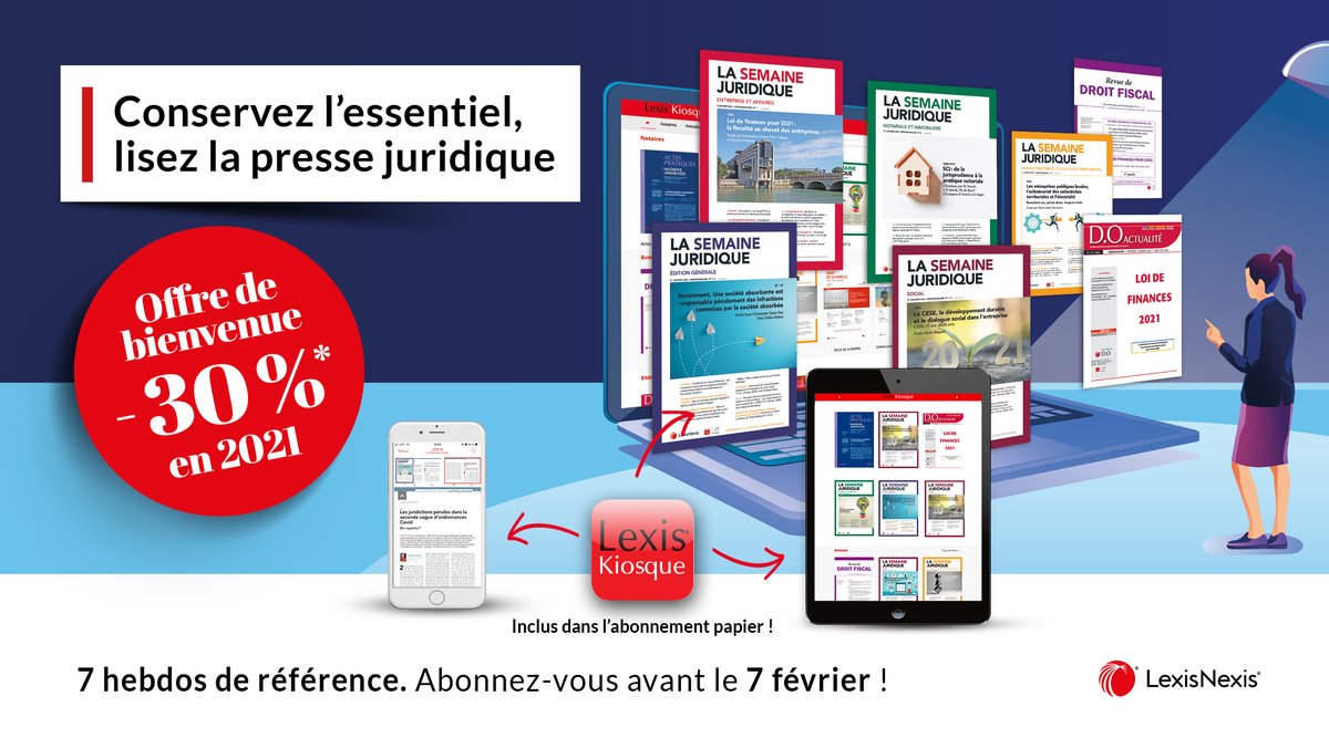 sdeulot's tweet photo. 💡 [PROMO HEBDOS] En 2021, soyez informé chaque semaine de l'actualité juridique qui vous concerne. Profitez de l'offre @LexisNexisFr : -30% sur les 7 hebdos de référence par ici https://t.co/EKJpUFwZ0V
 #LexisNexis #pressejuridique #TeamJuriste #RevuesJuridiques #droit https://t.co/M4rN36Qxug