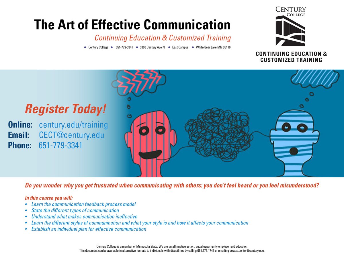 CenturyCECT's tweet photo. Register for this upcoming course:
๐๐๐๐ซ๐ง ๐๐ก๐ ๐๐ซ๐ญ ๐จ๐ ๐๐๐๐๐๐ญ๐ข๐ฏ๐ ๐๐จ๐ฆ๐ฆ๐ฎ๐ง๐ข๐๐๐ญ๐ข๐จ๐ง:
https://t.co/blsWxI0T7n
#centurycollege #communication #effectivecommunication #communicationstyles #online #onlinecourses #onlineclass #communicationcourse https://t.co/T8uVtlRMh7