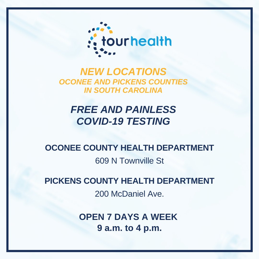 GoTourHealth's tweet photo. ❗ TWO NEW FREE AND PAINLESS TESTING LOCATIONS
📍 Oconee and Pickens Counties in South Carolina
🗓 7 days a week
🕑 9 a.m. to 4 p.m.

Go to https://t.co/vudX4hPeGq to schedule an appointment.

@scdhec https://t.co/gr9VnYC0j2
