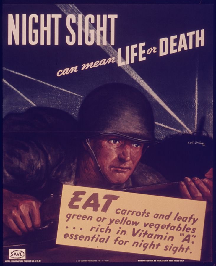 JVP_Jones's tweet photo. Carrots give you amazing eyesight, especially at night. Fact/Fiction? This idea was planted during WWII. While carrots are filled with vitamins and antioxidants to help you #maintain eyesight they do not actually #improve your vision or help you see in the dark. Eat them anyway! https://t.co/IUkKrnh7Wt