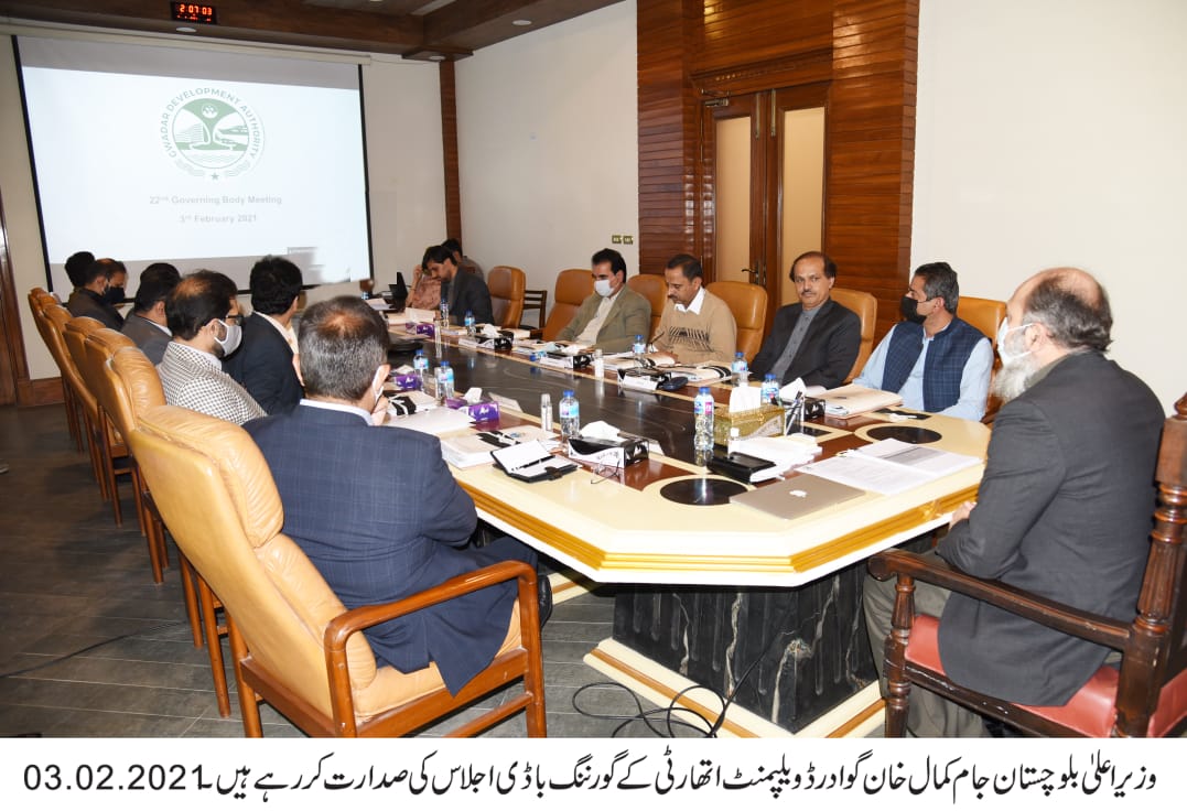 Chief Minister of Balochistan Jam Kamal khan presided a meeting of Gawadar Development Authority (GDA) Governing Body. In the meeting DG GDA Mr. Shahzaib Kakar said that timely implementation of all development projects is being ensured.