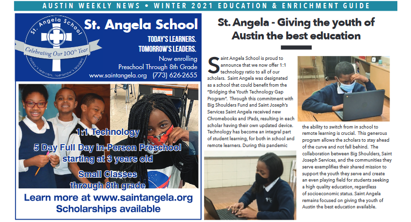 This will make each school’s student to device ratio 1:1, an integral part of student learning for both in school &remote learners! Read Austin Weekly News article and see how this collaboration has impacted St. Angela School. #StJosephServices #BigShouldersFund #LeapIntoAction