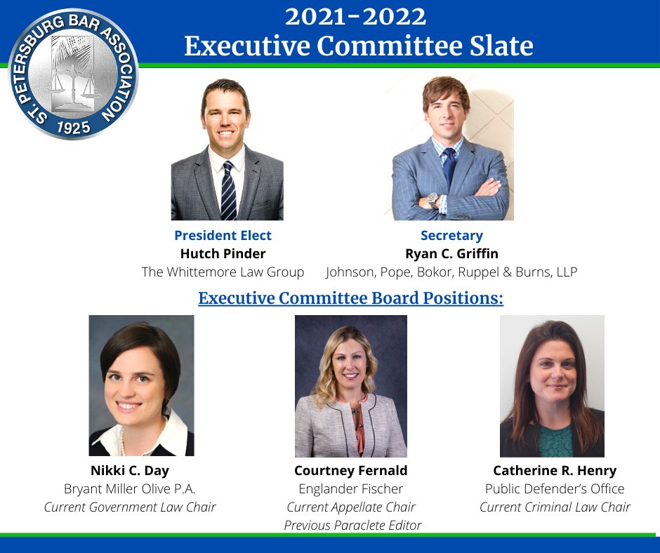 StPeteBar's tweet photo. The SPBA Nominating Committee, chaired by Past President Bill McQueen, is proud to announce the 2021-2022  Executive Committee Slate of Candidates. Members are permitted to submit written nominations to be added directly to the slate of candidates. Deadline is 5pm 2/15/21. https://t.co/SSZm317NPD