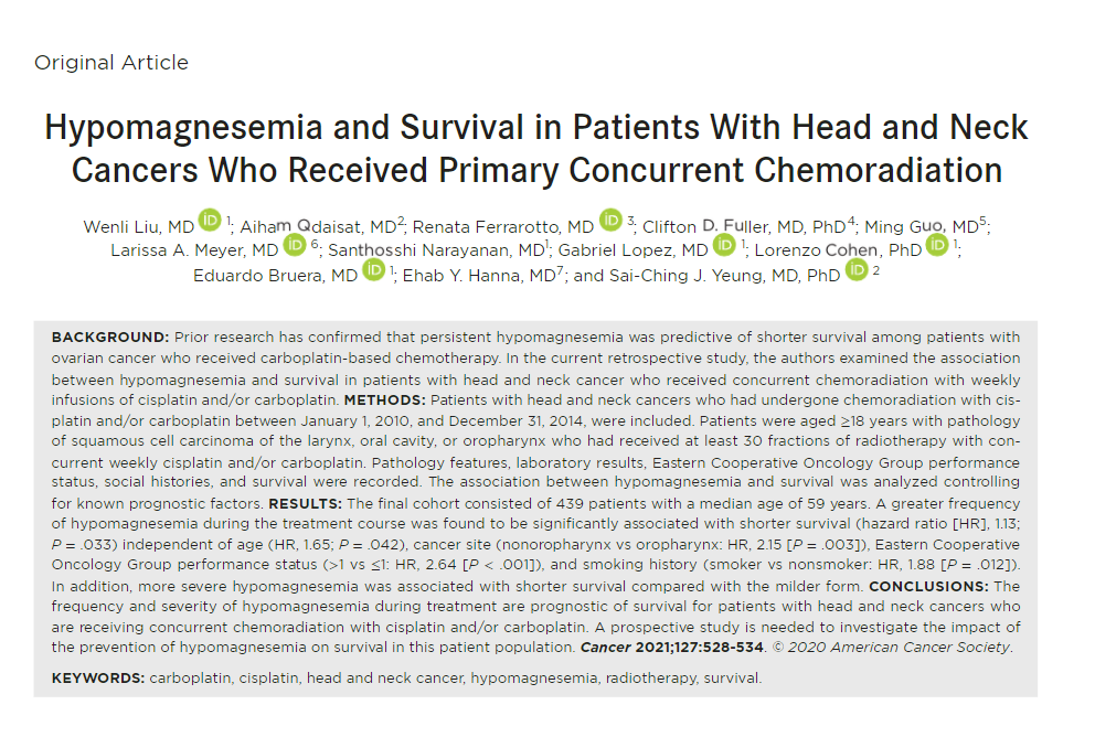 JournalCancer's tweet photo. In this @MDAndersonNews study, the authors examined the association b/w hypomagnesemia &amp; survival in patients with #HeadAndNeckCancer who received concurrent chemoradiation w/ weekly infusions of cisplatin and/or carboplatin. https://t.co/Yk9PG5PIPP 

CC: @RobertFerrisMD
#HNCSM https://t.co/B2jXzYNe8F