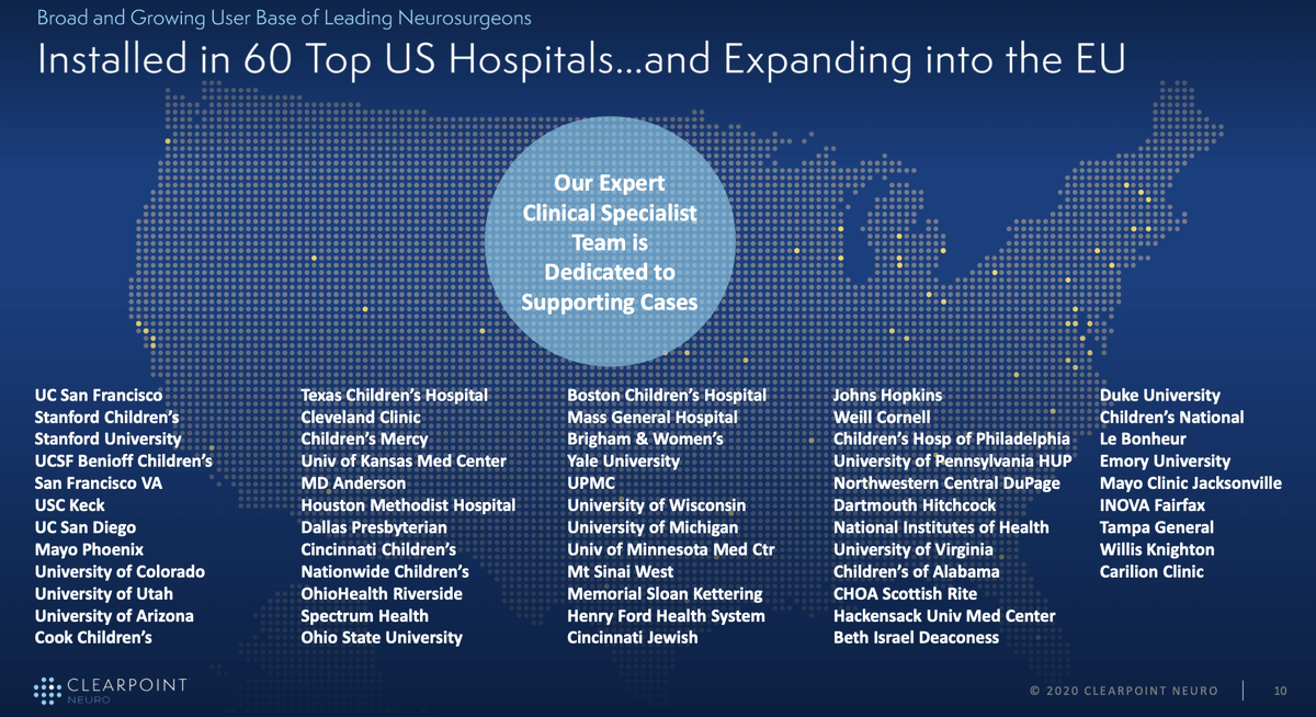 The “first company” is their surgical system. It’s used for a range of procedures including deep-brain stimulation (ex. Parkinson's)Already installed at 60 leading hospitals in the US and expanding to EU