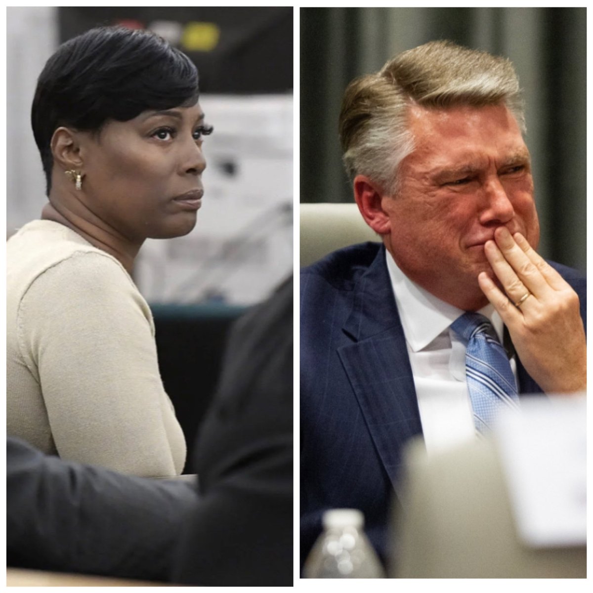 On the left is Crystal Mason. She was sentenced to 5 YRS in prison for voting while on probation. Her appeal was denied because their was no legal error in her cases. A TON of racism,but no error.On the right is Mark Harris. He hired a known felon, McCrae Dowless, to harvest