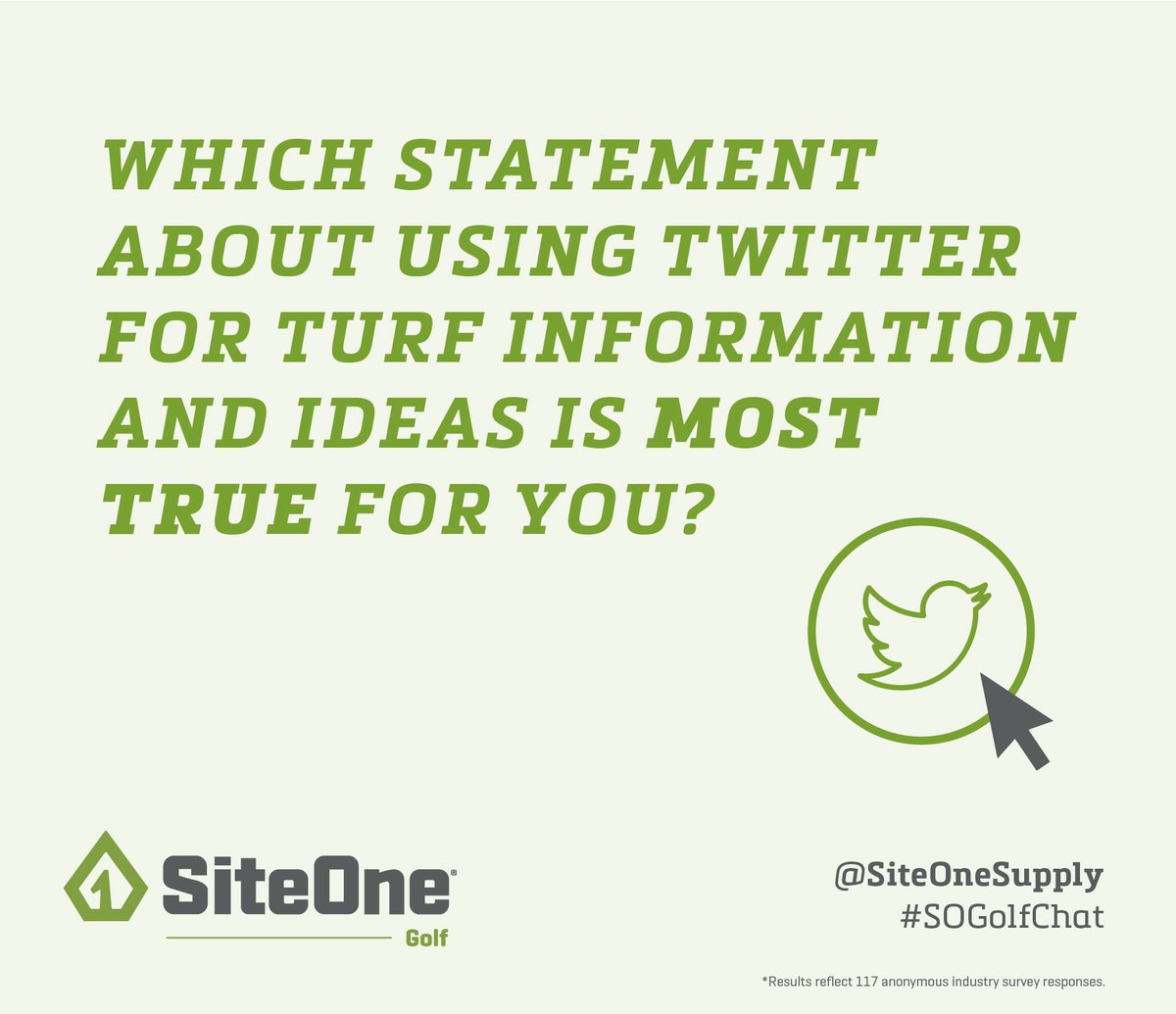 SiteOneSupply's tweet photo. In our recent survey, nearly 70% of supers responded that they regularly find valuable turf info on Twitter. Thanks to everyone who participated in our #SOGolfChat today! Weโll continue to bring you valuable turf information. https://t.co/OhaQkqMe9t