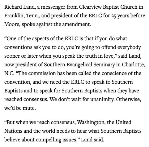 Lastly, the  @SBCExecComm report fails to provide evidence that the  @ERLC is out of step with decisions & resolutions of Southern Baptist messengers who participate in the Annual Meeting, including  @rdland who as messenger defended ERLC against the 2018 failed defunding attempt.