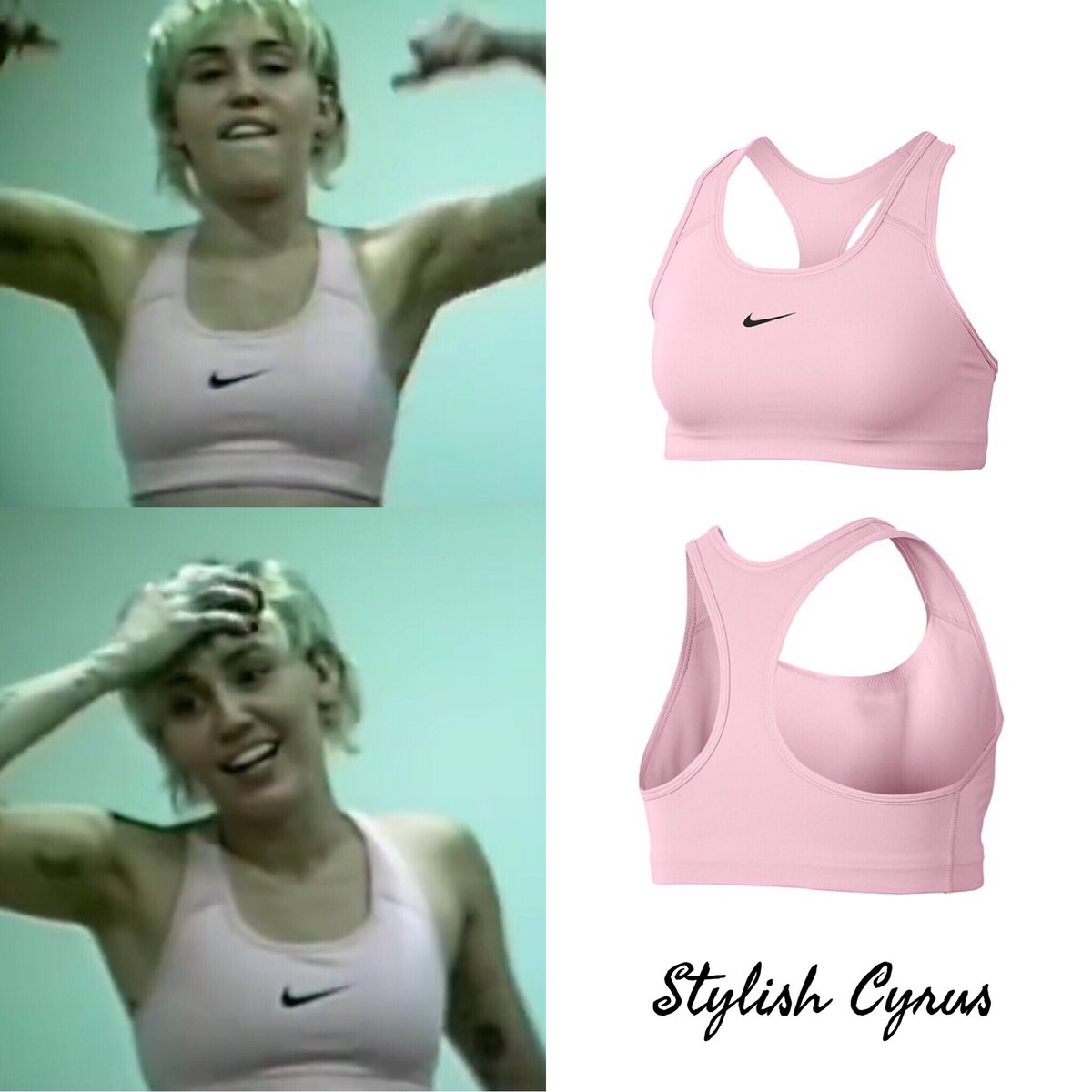 Twitter-এ Miley Cyrus Fashion: ".@mileycyrus wears a light pink swoosh sports bra by @nike ($38) while training for her Super Bowl Tik Tok Tailgate set 💪🏼 Watch the full video