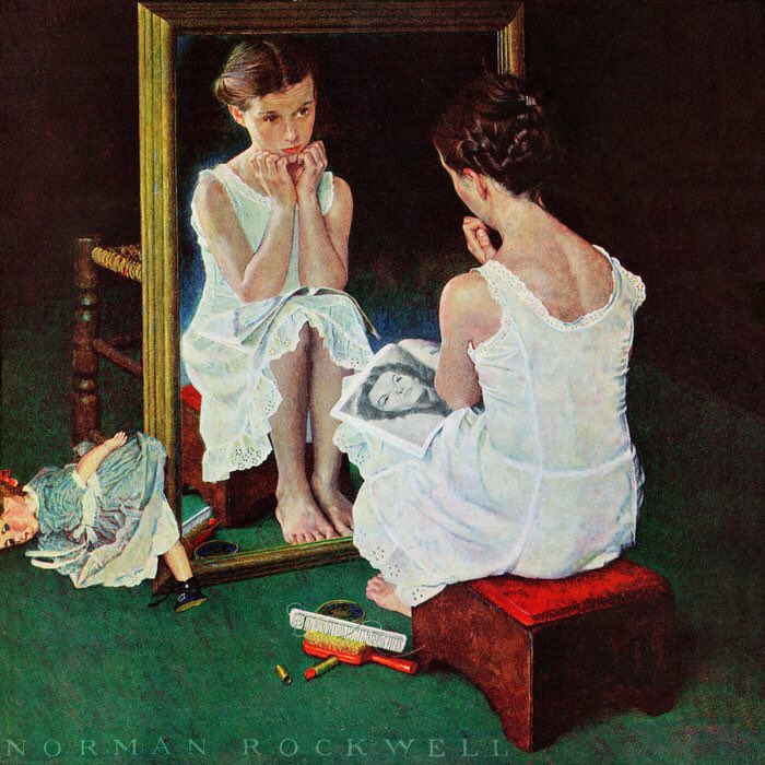 Rockwell died in 1978, aged 84. His work had an uncanny ability to capture the hopes, fears, dreams & wishes of his time as well as charting the folk history of America. Man on the Moon (1966), Girl at a Mirror (1954) & Triple Self-Portrait (1959)