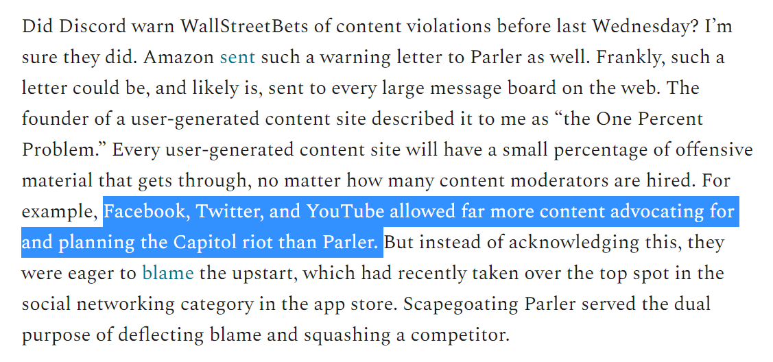"Scapegoating Parler served the dual purpose of deflecting blame and squashing a competitor."