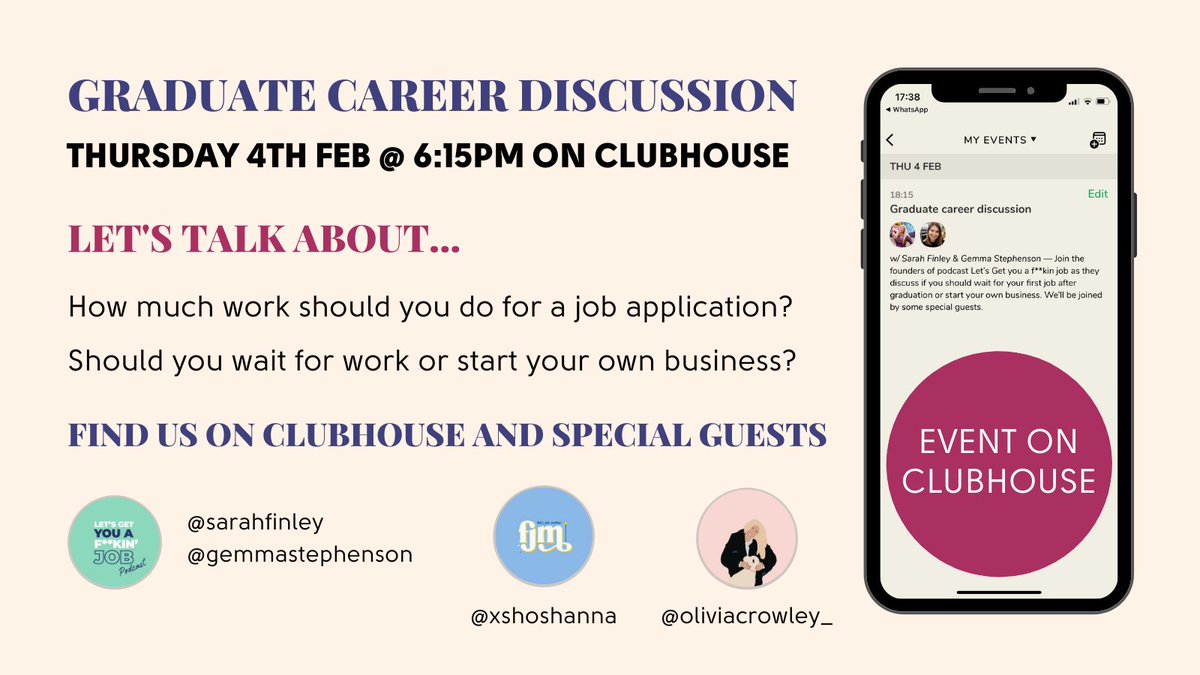 getajobpodcast's tweet photo. Are you on Clubhouse? @SarahFJourno and my co-host Gemma will be discussing all things #graduate jobs on Clubhouse tomorrow at 6.15 - follow us on the app - we can't wait to hear your questions #students #graduatejobs #classof2020 https://t.co/PMqjHhjGOr