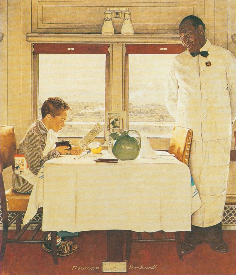 Framed (1946) is a superb piece of humour! Boy in Dining Car (1947) - note Rockwell was obliged by SEP to portray the African American as subservient yet imbued him with dignity. Christmas Homecoming (1948) & Curiosity Shop (1948)