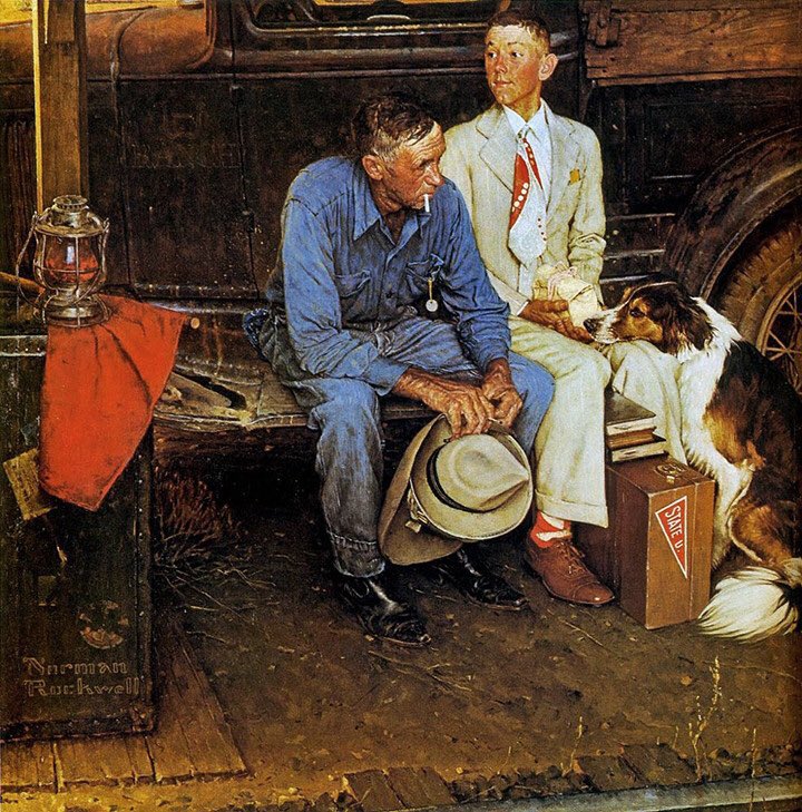 Rockwell approached the role of women with an avant-garde approach. His interest was driven by character & not gender when story-telling. Veterinarian (1952), Black Eye (1953), Rockwell Painting the Soda Jerk (1953) & Breaking Home Ties (1954)