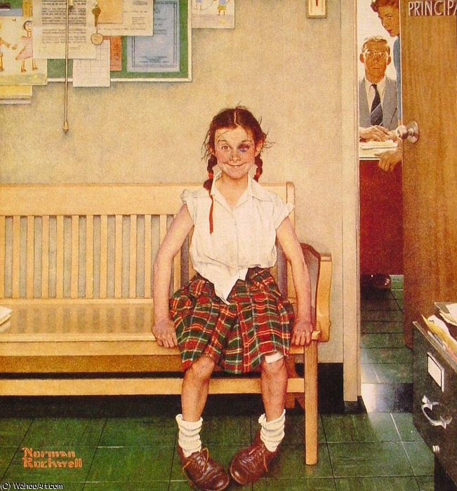 Rockwell approached the role of women with an avant-garde approach. His interest was driven by character & not gender when story-telling. Veterinarian (1952), Black Eye (1953), Rockwell Painting the Soda Jerk (1953) & Breaking Home Ties (1954)