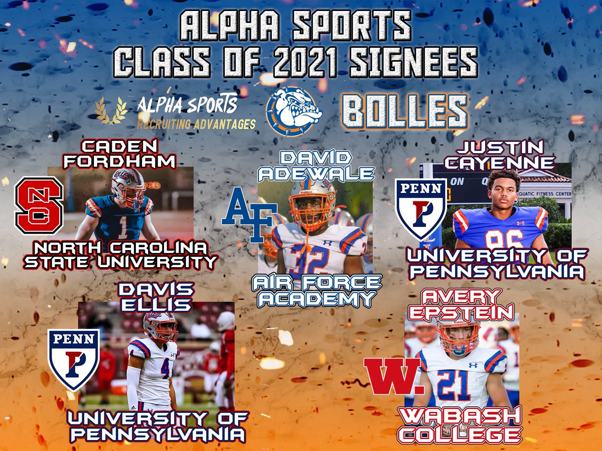 AlphaSportzG's tweet image. Congratulations to Alpha Sports Partner @Bolles_Football and their Class of 2021 Signees:
@Caden_Fordham- NC State 
@davisellis_ - UPenn
@David_O_Adewale- Air Force 
@justin__cayenne- UPenn
@AveryRE21- Wabash 
GO BULLDOGS🟠🔵
#BeAnAlpha