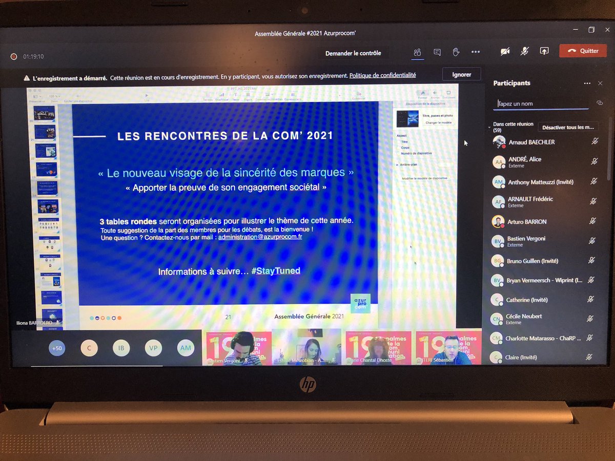 💻 #AssembléeGénérale 💻

Hey !

C’est ce soir !

lLes communicants d’#AzurProCom se retrouvent en #Visio pour leur grand’messe annuelle !

Au menu :

- Vote sur le bilan financier
- Retour sur les #Events 2020
- Nouveaux projets pour 2021
- PalmesDeLaCom2021
- RComAPC2021