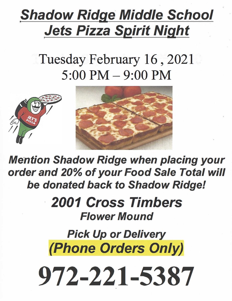 Parents - set your calendars for Tuesday, February 16th!  Our Jet's Pizza Spirit Night will take place between 5-9pm - bring home dinner &amp; raise money for SRMS.  See the flyer for more details!
