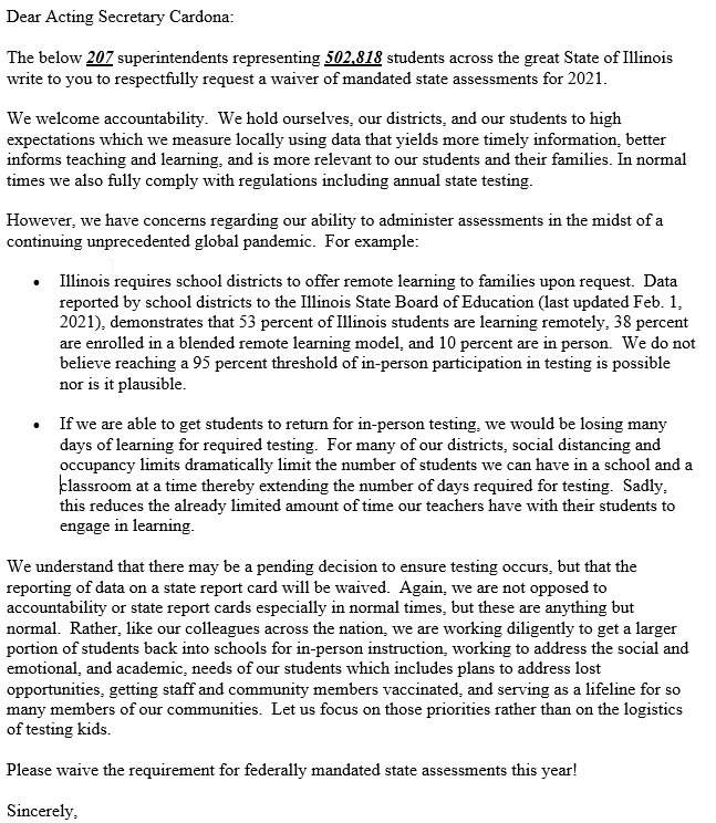 I love it when superintendents come together to support a common goal.  We did it years ago to pass a state budget.  Now we come together to say #NoTestIn2021.  Within one hour we have 221 supts representing 528,589 students!  Colleagues - Look for my email!