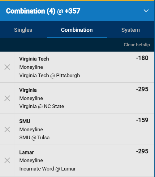 Thanks for the RTs on the under total picks, I've sent the premium picks to the winners. As a thank you to everyone who participated, here's my ML Favorites 4 leg #parlay card for 🏀#ncaab games tonight #GamblingTwitter #cbb