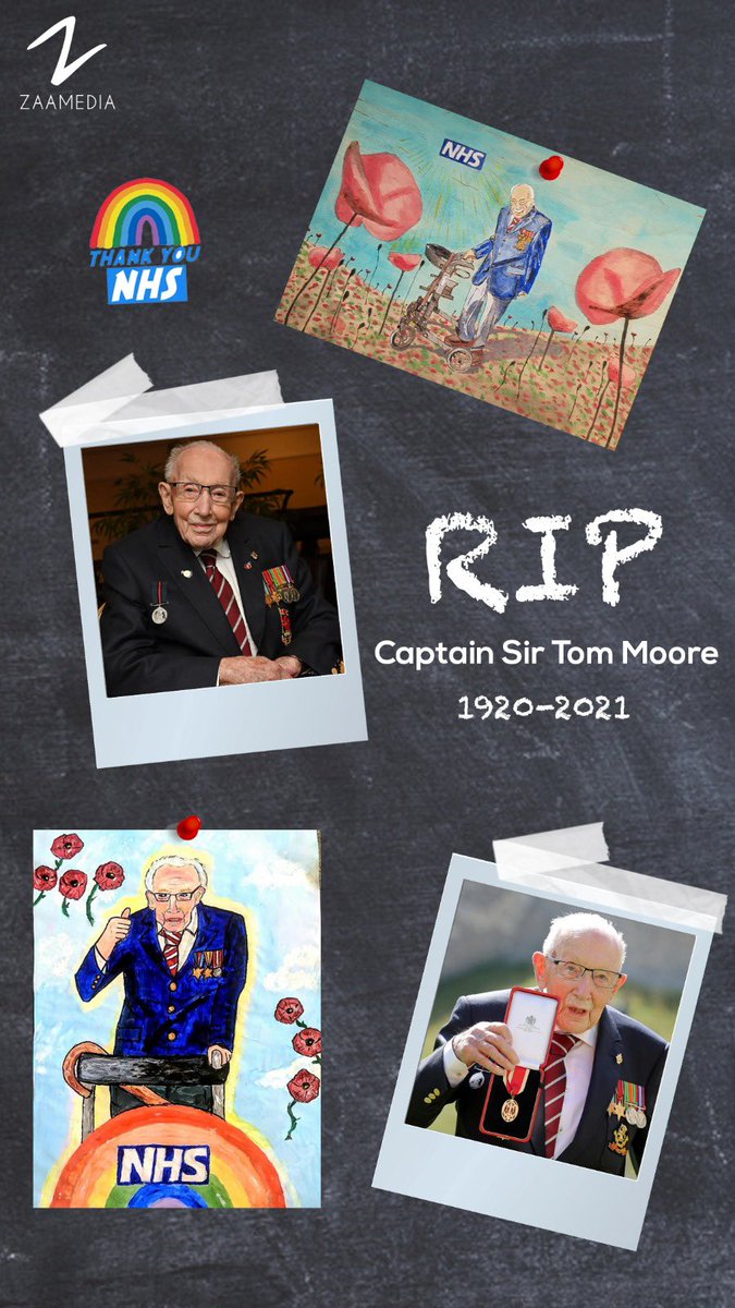 zaamedia's tweet photo. RIP Captain Sir Tom Moore. The world will never forget your selfless efforts which raised millions for the NHS. A true British Hero 🇬🇧 #RIPCaptainSirTomMoore #ClapForTom https://t.co/fLt8ODt1Bs