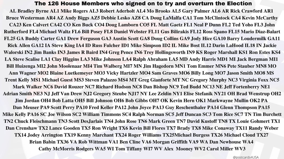 Here are the 126 members of the House who signed onto the lawsuit in an attempt to overturn the Presidential Election and keep Trump in power.  #seditious126  #SeditiousGOP THREAD 5/6
