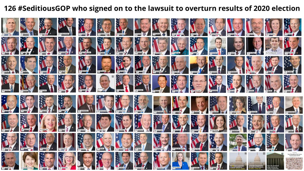 Here are the 126 members of the House who signed onto the lawsuit in an attempt to overturn the Presidential Election and keep Trump in power.  #seditious126  #SeditiousGOP THREAD 5/6