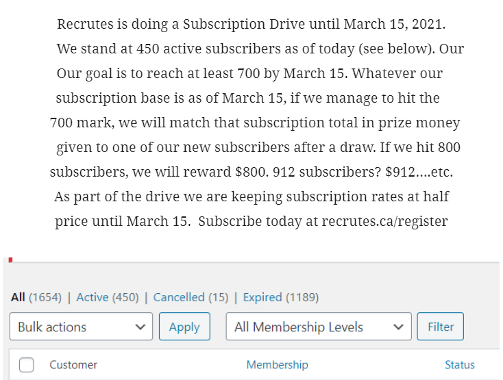 Folks - for $20 you'll get Recrutes $20 draft guide, more than 100 articles posted since Oct., quotes from NHL scouts, draft and Habs' coverage for the next year at half price...and if we hit 700 subscribers by March 15...a one in 250 chance to win $700!  recrutes.ca/register