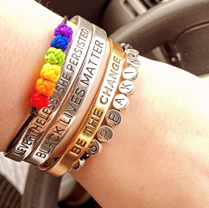 The lovely @ crystalanndubuc on Insta wearing our ‘Nevertheless, She Persisted’, ‘Black Lives Matter’ and ‘Be The Change’ cuffs, along with our ‘I’m Speaking’ bracelet in silver! ⚡️

We love seeing you wearing your statements! ❤

birdandstone.com/collections/be…