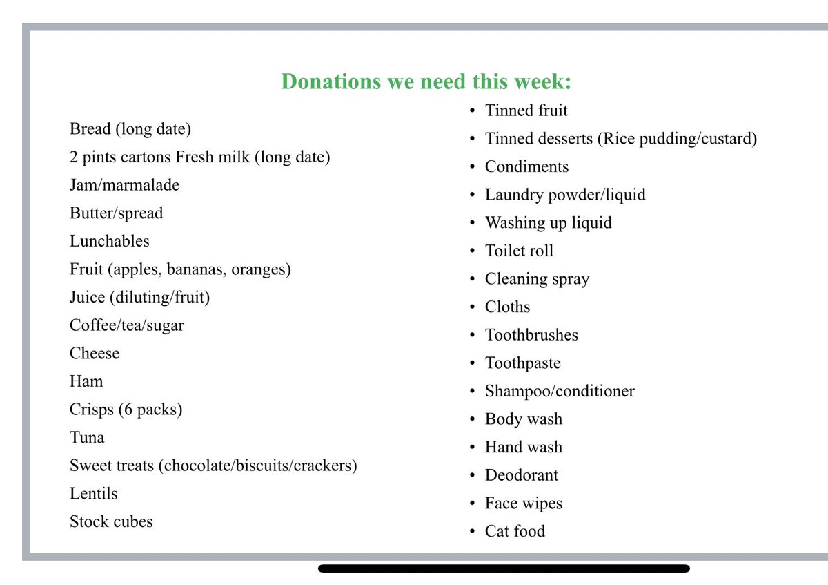 If you are looking 👀 to donate this week, we would sincerely appreciate if you could please consider items from the below list - we are open next on Friday 3-5pm and Sunday 2-4pm @ Whitecraigs Rugby Club. Thank you ERCommunity 👏🏻🙌🏻#MakingADifferenceTogether #PoweredByPeople