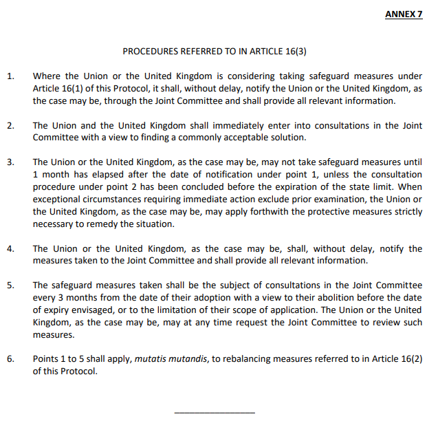 (Here's the procedure for what happens if one side wants to use the safeguard clause - Article 16. It's in Annex 7 of NI Protocol. It's here where the Commission failed last week - it foolishly tried to avoid this process.) /10