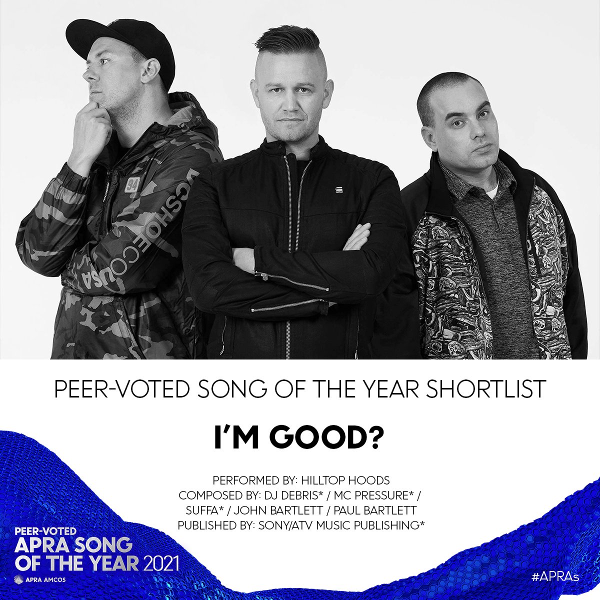 Not just good, they're great! <a href="/hilltophoods/">Hilltop Hoods</a> and <a href="/SixFourMusic/">SIXFOUR</a> are in running for the Peer-Voted #SongOfTheYear with their quarantine tune I'm Good? #APRAs