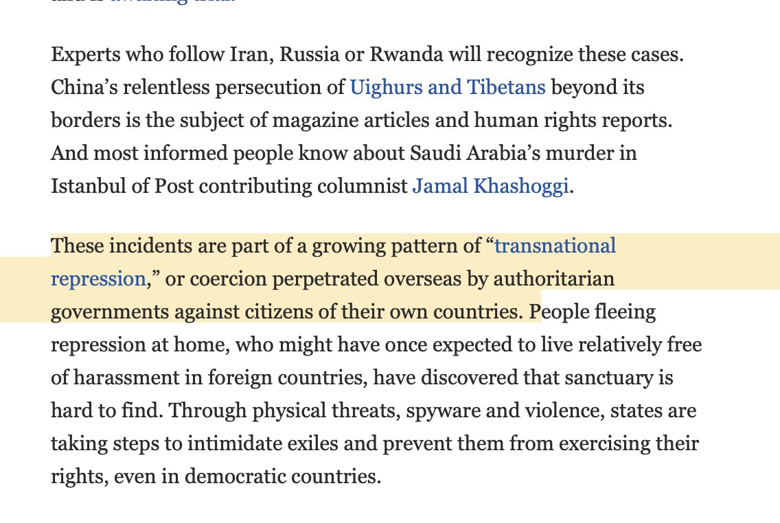 So bad: Over 600 documented assaults, killings etc. by 31 authoritarian states... in OTHER countries in recent years.This  #TransnationalRepression is regularly aided by surveillance tech, like spyware.Essential essay by  @abramowitz &  @nateschenkkan  https://www.washingtonpost.com/opinions/2021/02/03/freedom-house-transnational-repression-authoritarian-dissidents/?arc404=true