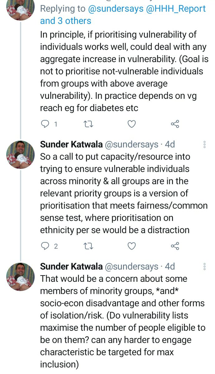 Prioritising by age and vulnerability seems the right principle. If more from minority backgrounds are vulnerable, catching this by ensuring that the vulnerability categories try to include everybody eligible seems to me the goal.