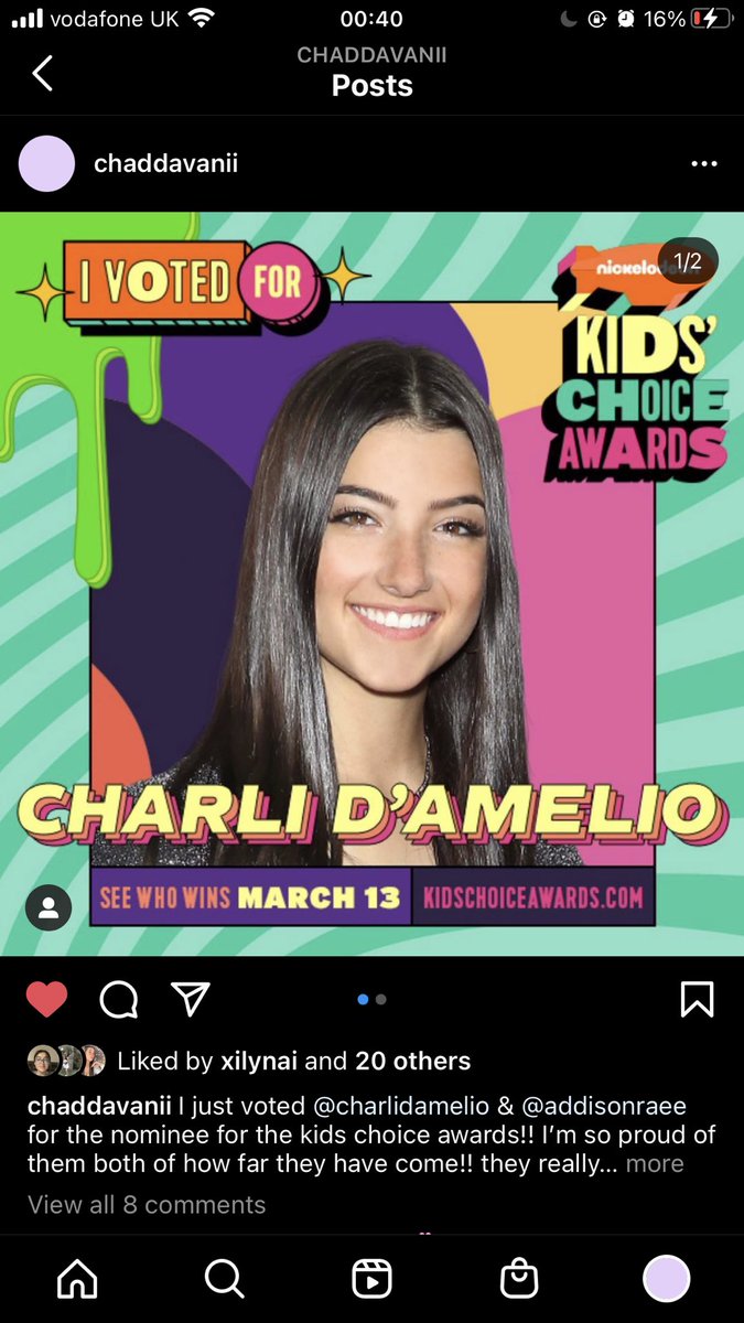 chaddavani's tweet photo. If you havenโt already seen, char & addi have both been a nominee in the kids choice awards! Iโm so proud of them and how far they have come, #chaddison I love you both! and you both deserve it!! go vote them now!! @whoisaddison @charlidamelio ๐๐ https://t.co/brclNFfiZ1