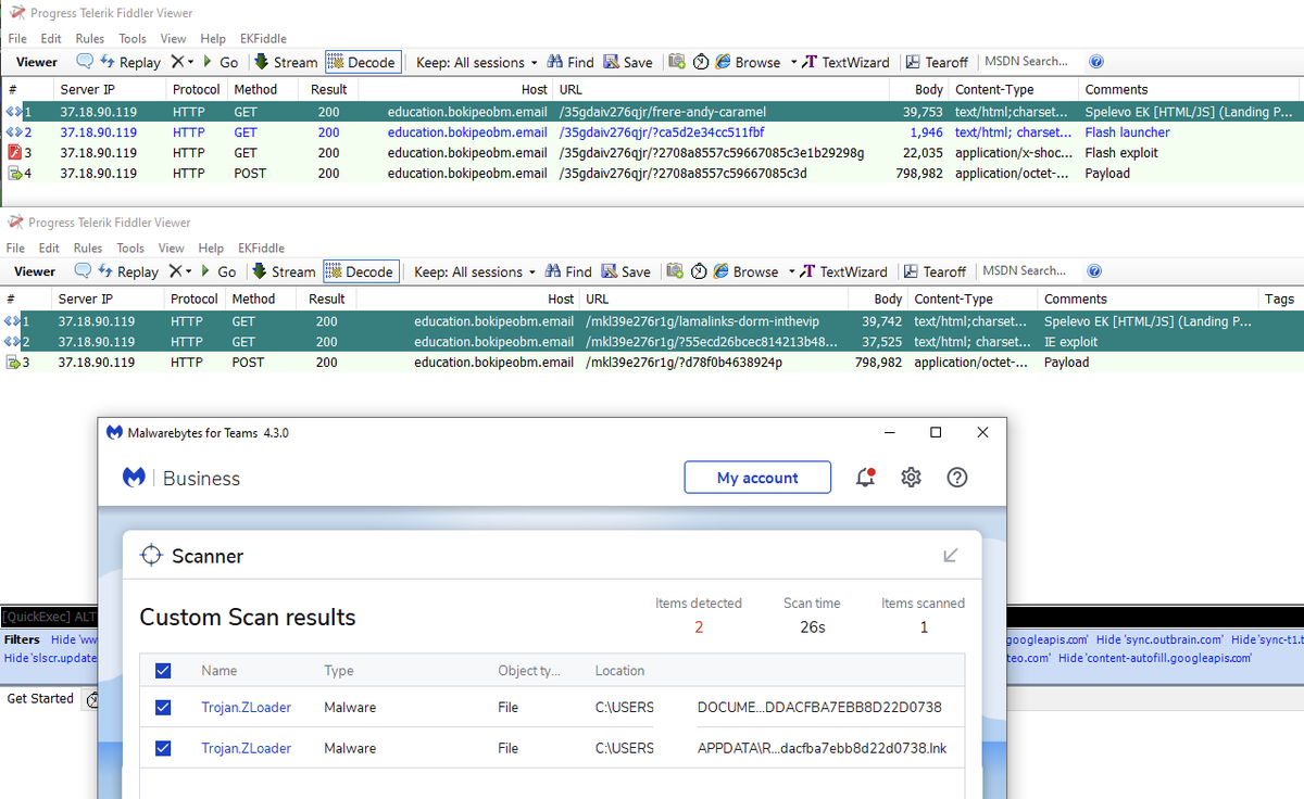 Threat_Down's tweet image. #SpelevoEK (37.18.90[.]119) dropping #Zloader.

First sequence is with Flash exploit, second is IE exploit only.

907a644328011c9d50c192e06ef14bf5e6be5f4c3f4dddacfba7ebb8d22d0738

#ExploitKits