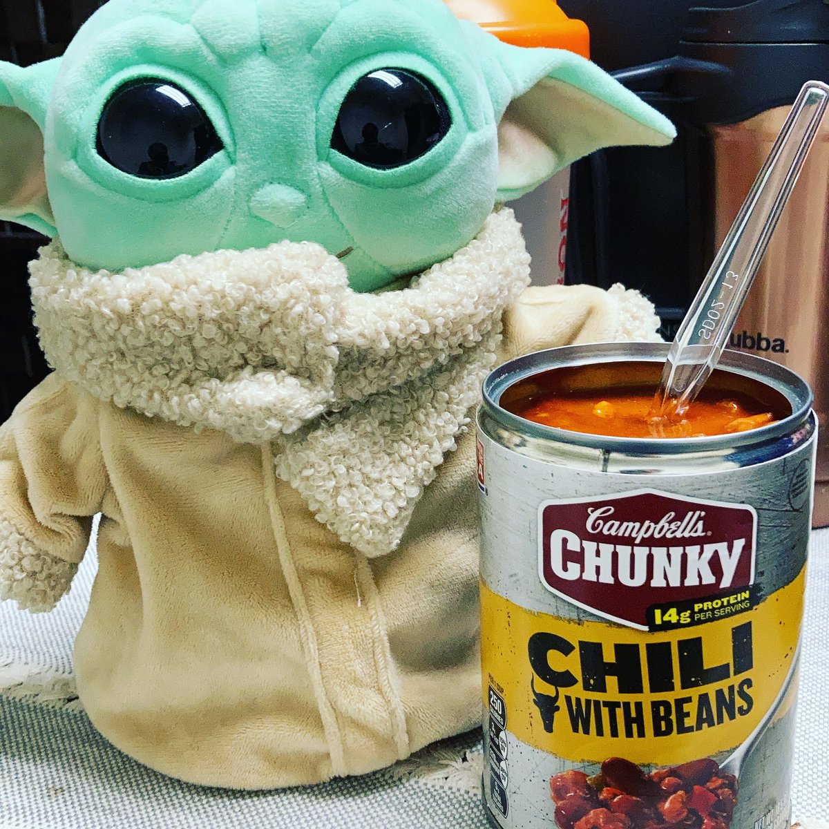 steme_ycdp's tweet photo. Time for lunch. It’s canned soup because that’s easy and I won’t get COVID-19 from going to a restaurant. Baby Yoda approves. Oh, yeah, and I’m also catching up on the latest $GME and #GameStopGate news on CNBC. I’m obsessed!! #EatWeMust #STEME #DayInTheLifeWednesday https://t.co/rLH8ZkPird
