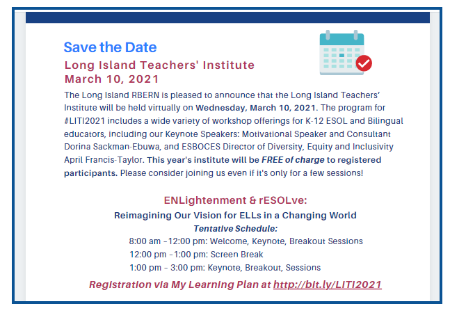 KelleyCordeiro's tweet photo. @LIRBERN is excited to invite you to #LITI2021
Come spend a day of learning with your #LongIsland #ESOLBilingual colleagues, educational consultants & leaders in #Diversity in support of #ELLs!
Register today! https://t.co/rMI0ak8S0N https://t.co/UQgy8UR1eR