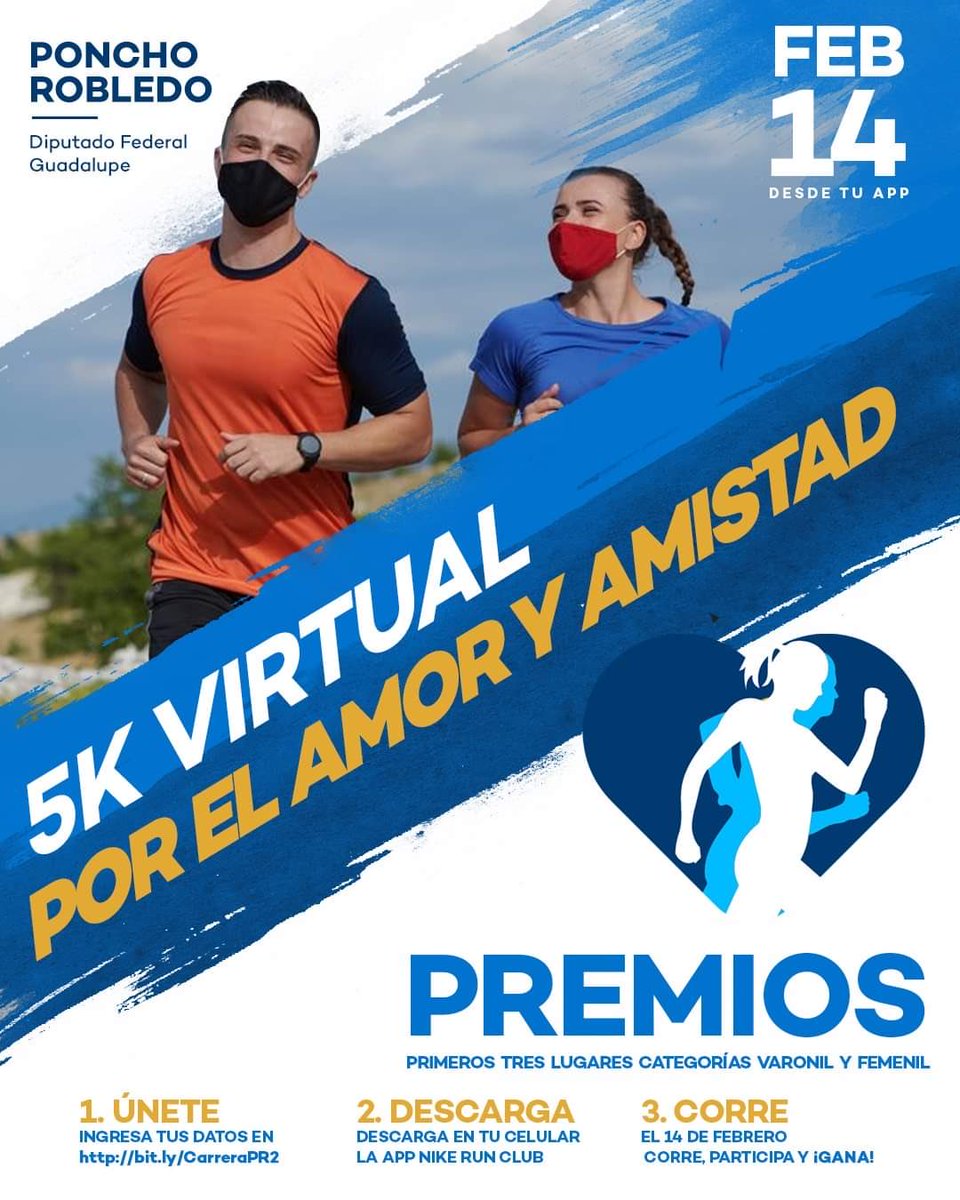 arturodelagarza's tweet photo. Esta pandemia nos ha demostrado que nada nos puede detener!
Inscríbete #5KVirtual de mi amigo @PonchoRobledoMX , en esta ocasión celebrado el amor y la amistad y corramos juntos.
Inscribete en https://t.co/Y9is1KRm4N
Playera conmemorativa a los primeros 300 inscritos. https://t.co/Hab558wkA7