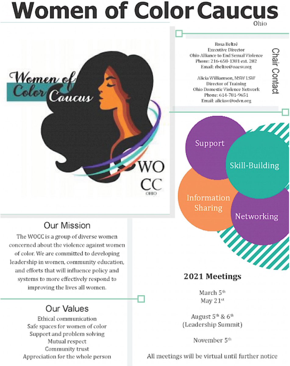 OhioDVN's tweet photo. The Ohio Women of Color Caucus (WOCC) is a diverse collective of professional and grassroots advocates that self-identify as Women of Color. The WOCC is co-coordinated by the Ohio Alliance to End Sexual Violence, and the Ohio Domestic Violence Network. #wocc #odvn #oaesv https://t.co/dD9eu5pynY