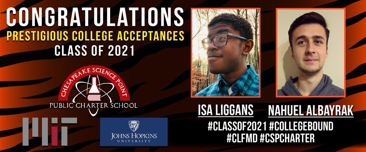 CSP_Charter's tweet photo. Two of our seniors are going Ivy League! Congrats to Isa accepted to MIT and Nahuel accepted to John Hopkins! #classof2021 #collegebound #cspcharter #tigerPRIDE https://t.co/a05N6nn68P