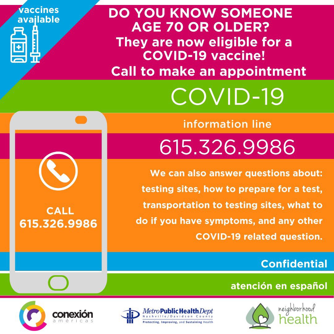 escobarforjudge's tweet photo. Do you know anyone age 70 or older? They are now eligible for a COVID-19 Vaccine! Please call the number listed above for more information. @conexion_tn 

¿Conoce a alguien de 70 años+? Son elegibles para una vacuna contra COVID-19! Llame para hacer una cita. https://t.co/DEOdQZndNe