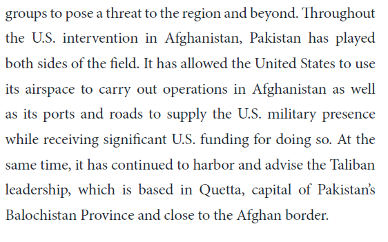 Pakistan harbors and advises the Taliban leadership based out of Quetta.