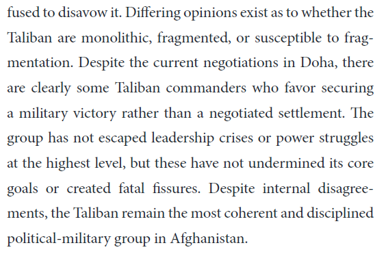 Despite differing opinions on Taliban fragmentation, the Taliban don't have fatal fissures, and remain the most coherent and disciplined political-military group in Afghanistan.