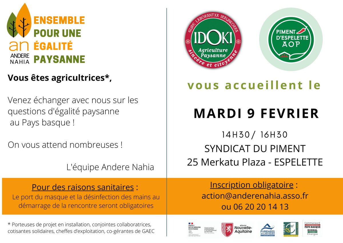 Et ça continue encore et encore, c'est que le début d'accord d'accord ! Les rencontres agricultrices se poursuivent ! RDV mardi 9 février à 14h30 à Espelette pour parler d'égalité paysanne ! Merci au syndicat du piment d'Espelette pour l'accueil ! On vous attend nombreuses ;)
