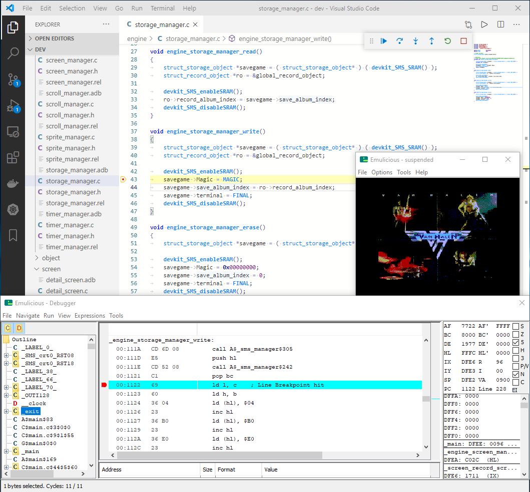 SteveProXNA's tweet image. OK finally got the Emulicious debugger working to debug step thru C source code built with #devkitSMS and view the underlying Z80 assembly code... Nice!