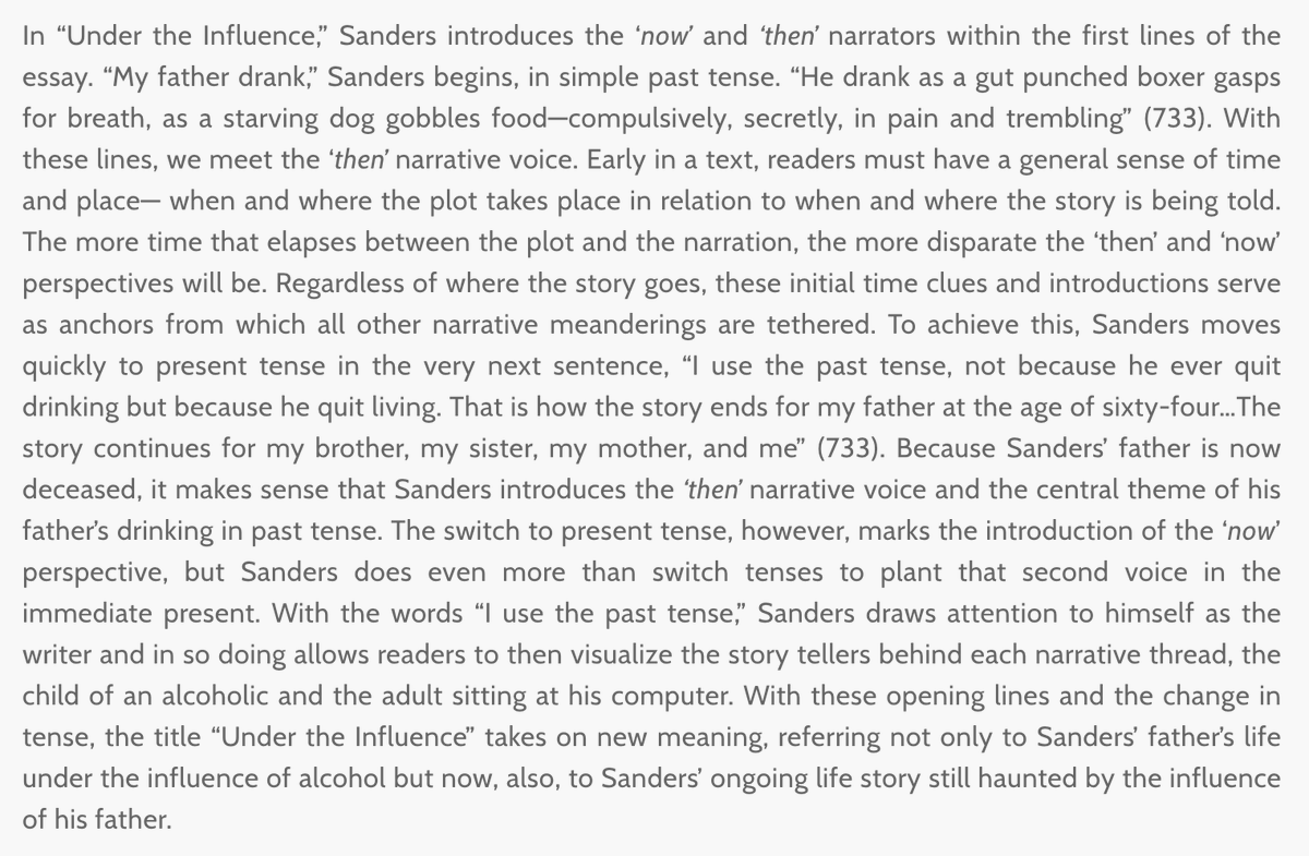 The bronze medal (#3 on our Top Ten) goes to Kelly Harwood's "Then and Now: A Study of Time Control in Scott Russell Sanders' "Under the Influence" (Assay 1.2), one of our favorite craft studies of an author. Psst, we'd like to see more of this work!  https://www.assayjournal.com/kelly-harwood-then-and-now-a-study-of-time-control-in-8203scott-russell-sanders-under-the-influence-12.html