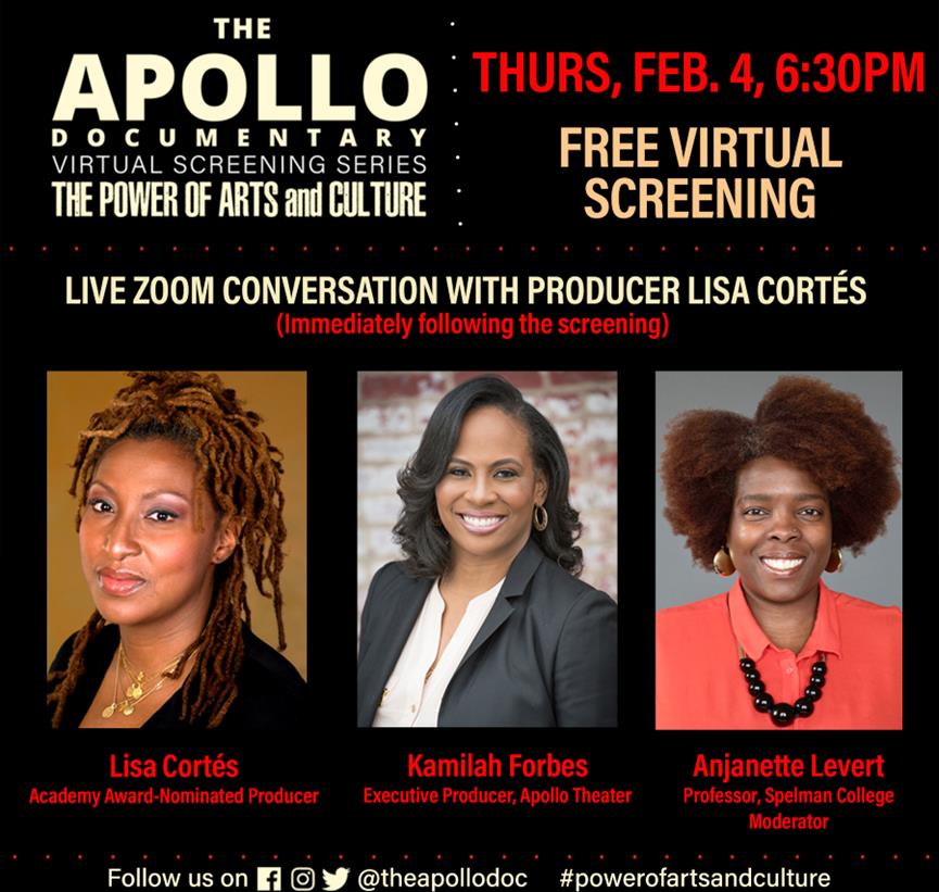 SpelmanCollege's tweet photo. TOMORROW at 6:30 p.m.: Spelman documentary filmmaking lecturer Anjanette Levert, MFA, will moderate a live post screening Q&amp;A session with Lisa Cortes, producer of the documentary "The Apollo" and Kamilah Forbes, the @ApolloTheater's executive producer. https://t.co/2PxvOawEjx https://t.co/ME1a23kN6n