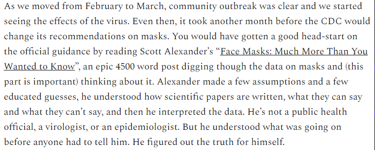 That was when it started becoming clear that individuals who could read academic papers were giving better pandemic behavior guidance than the hierarchical institutions in whom we have placed our faith