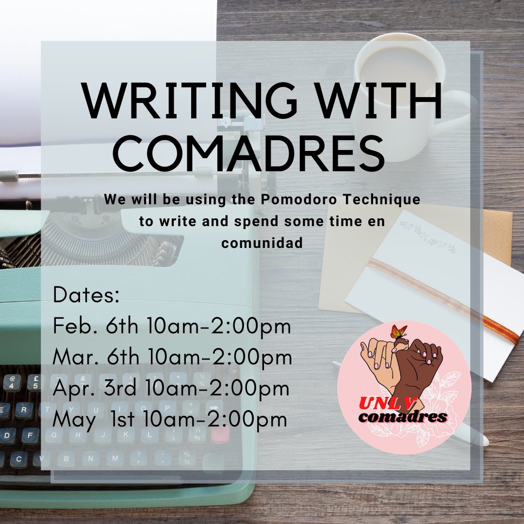 UNLVComadres's tweet photo. Write with UNLV Comadres this Saturday.

We'll be using the Pomodoro technique to check in briefly and then get to work! Drop-in as you can! 

Link to register: https://t.co/mOOGW00FZ9 https://t.co/IUKRQPi1RC